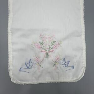 VTG Embroidered Table Runner Dresser Scarf Bluebirds Floral Lace Cottagecore